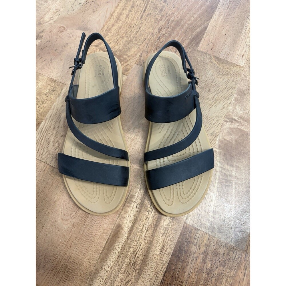 Crocs Women’s US Size5 Black/Beige Strappy Ankle Strap Sandals Buckle Flat